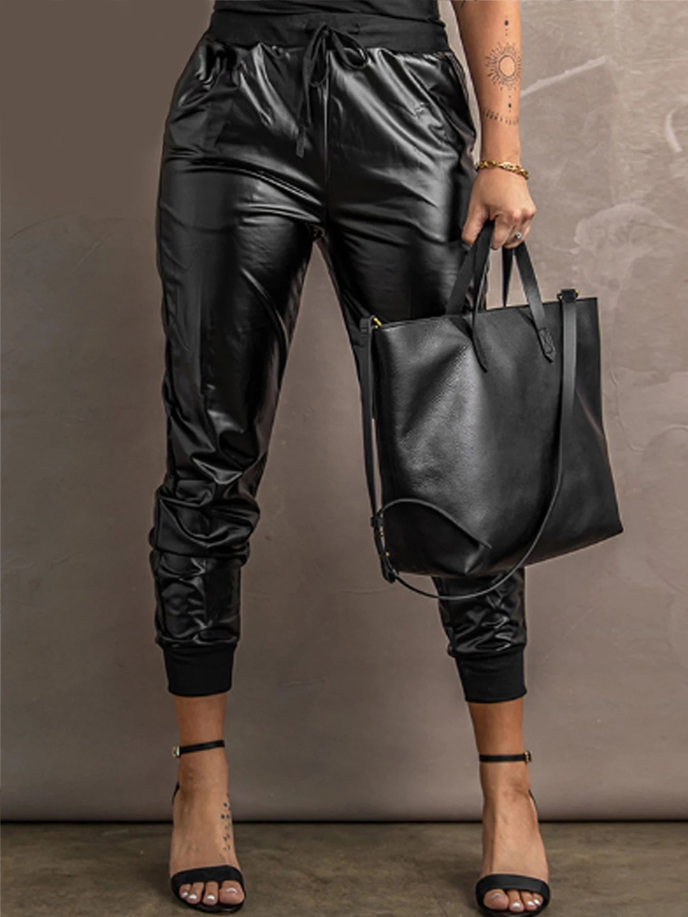 Women  Leather Drawstring Pocket Design Mid Waist Loose Elastic Black Solid Color Long Pants