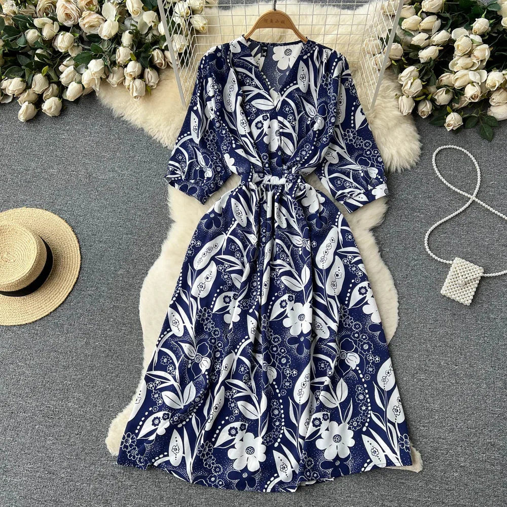 Summer Holiday Floral Beach Wrap Dress Women V Neck Short Sleeves Chic A Line Dress Bohemian Vintage Print Long Dress
