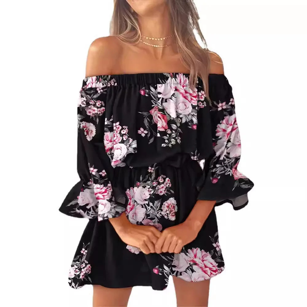 Sexy Slash Neck Long Flare Sleeve Floral Print Mini Dress Summer Women Boho Party Vestidos NMD-6650