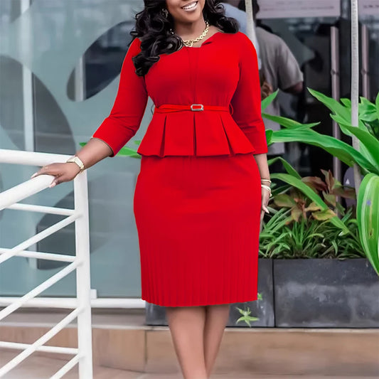 Elegant Office Dresses for Women V Neck Three Quarter Sleeve Belt Waisted Sheath Mid Calf Professional Business Work Dress Midi