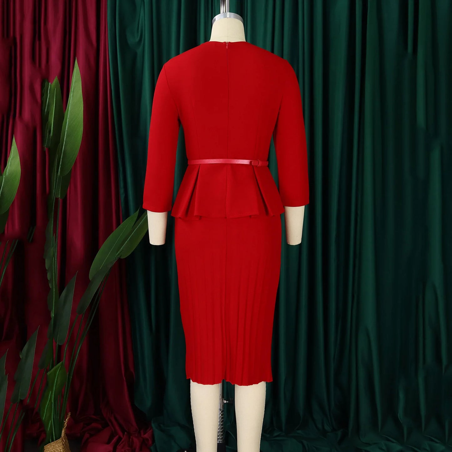 Elegant Office Dresses for Women V Neck Three Quarter Sleeve Belt Waisted Sheath Mid Calf Professional Business Work Dress Midi