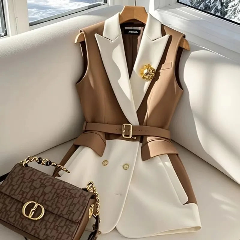 Spring Summer Jacket Vest Color Block Coffee Sleeveless Blazers Waistcoat Retro Female Outerwear All-match Fashion Office Lady