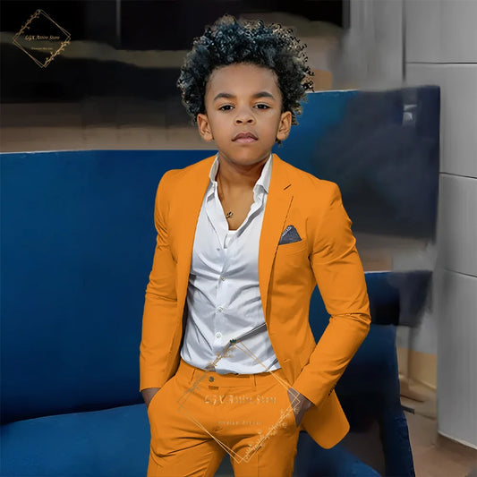 Kids' Orange Single-Breasted Suit (Jacket + Trousers) – Stylish Slim Fit, Perfect for Weddings & Cocktail Parties