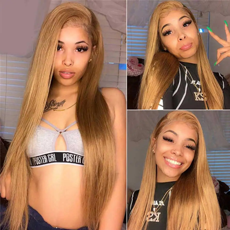 Honey Blonde Lace Front Wigs Human Hair #27 Colored Brazilian Straight Lace Frontal Wigs 13X4 HD Lace Front Human Hair Wigs