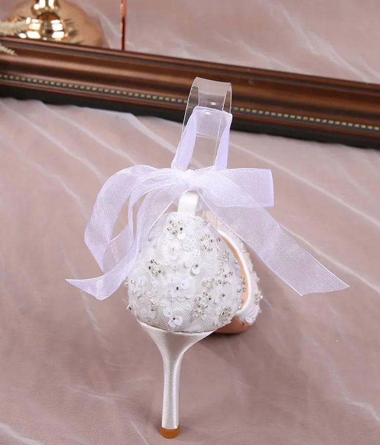 French Beaded Hollow Sandals Women's White Lace Strap Pointed High Heel Main Wedding Shoes