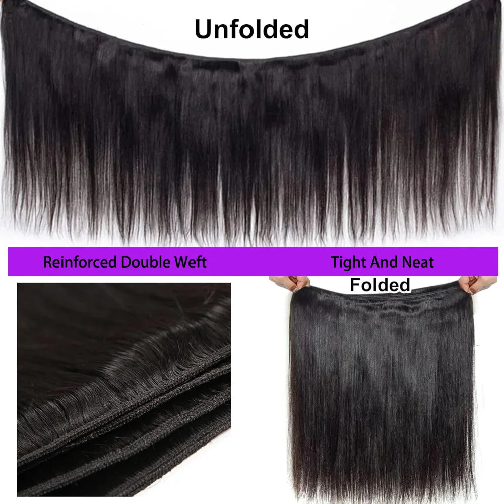 Straight Hair Bundles With Closures Brazilian Remy Human Hair Bundles and Closure 13x4 Lace Frontal Natural Black #1B For Women