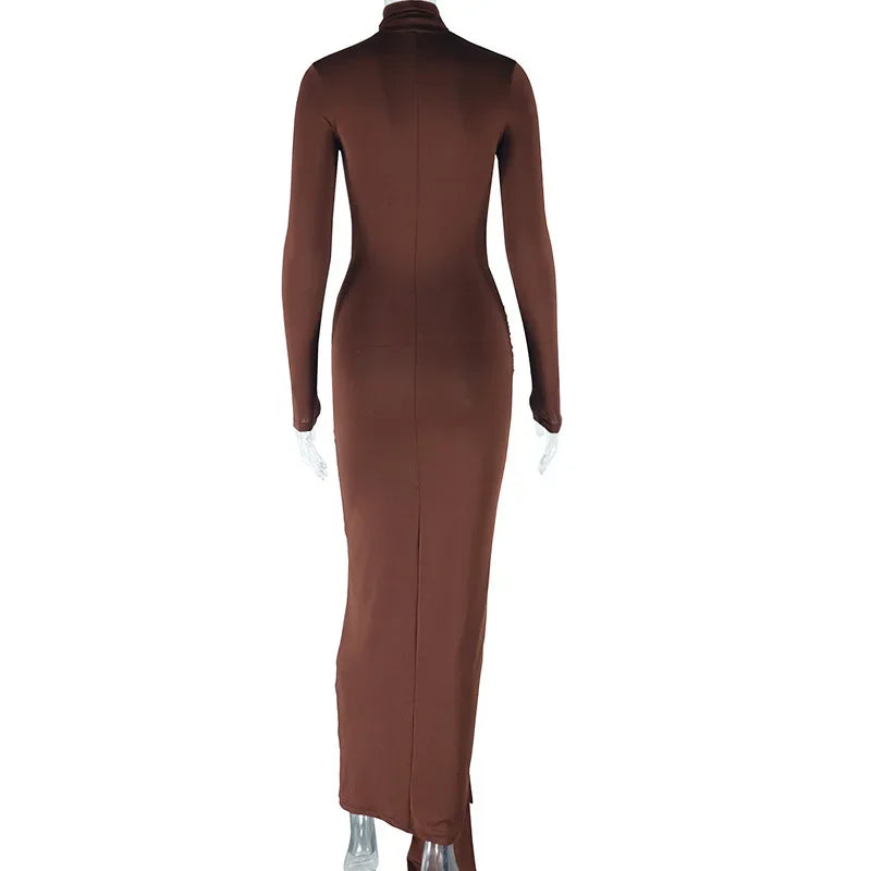 CM.YAYA Women Full Sleeve Turtleneck Ribbon Ruched Long Maxi Dress 2025 Spring Sexy Street Slim Evening Night Club Party Dresses