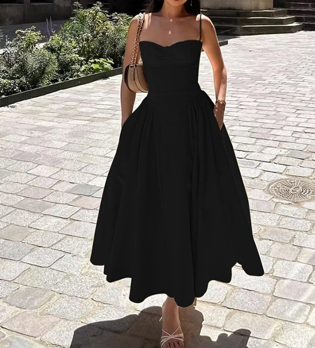 Women's Dress 2025 Spring Summer Latest Solid Color French Elegant Retro Style Dopamine Dressing Strap Maxi Dress Long Skirt
