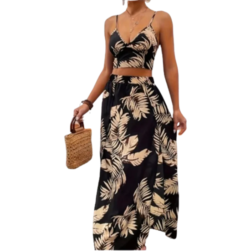 Sleeveless Printed Dress Set for Women Sexy Half Skirt Elegant Deep V-Neck Strap High Waist Summer Luxury