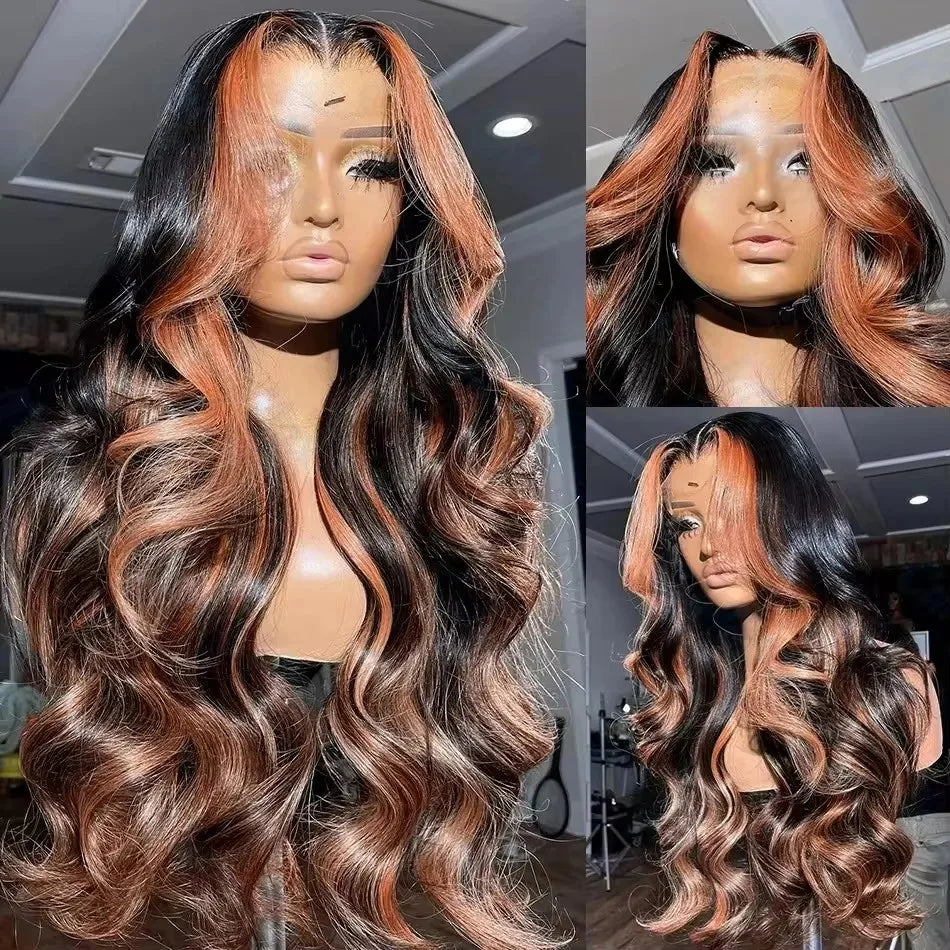 Mossily 250 Density 30 Inch Body Wave Highlight Wig Human Hair 1B/30 Black Brown Highlight 13x6 HD Lace Frontal Wig Human Hair