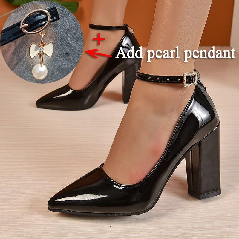 Black 10cm Super High Heel Pumps Women Shoes Pointed Toe Fashion Crystals Pearl Pendant Pimp Buckle Patent Leather Big Size 50