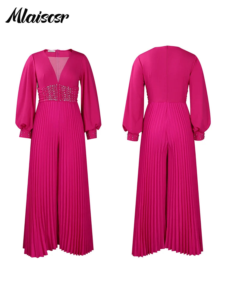 Mlaiscsr Elegant Evening Party Jumpsuit Long Sleeved Waist Pearl Bead Mesh Loose Wide Leg Pleated Long Dinner One Pieces Rompers