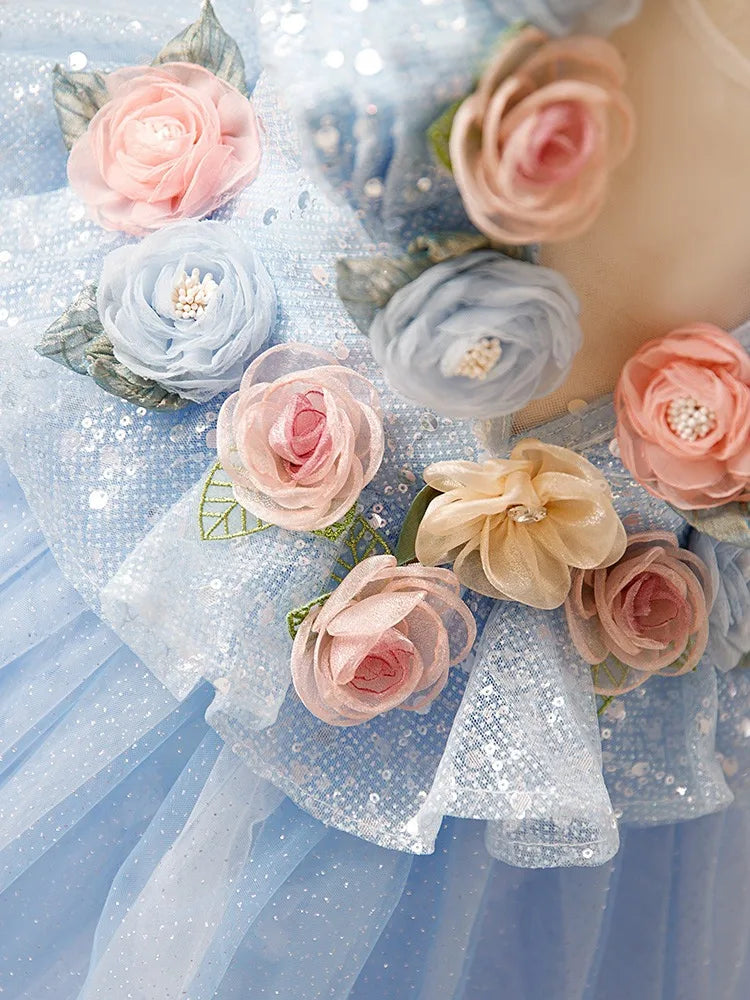 Blue Flower Girl Dresses Pageant Gown for Wedding 3D Floral Appliques Sequins Ruffles Birthday Party First Communion Gowns