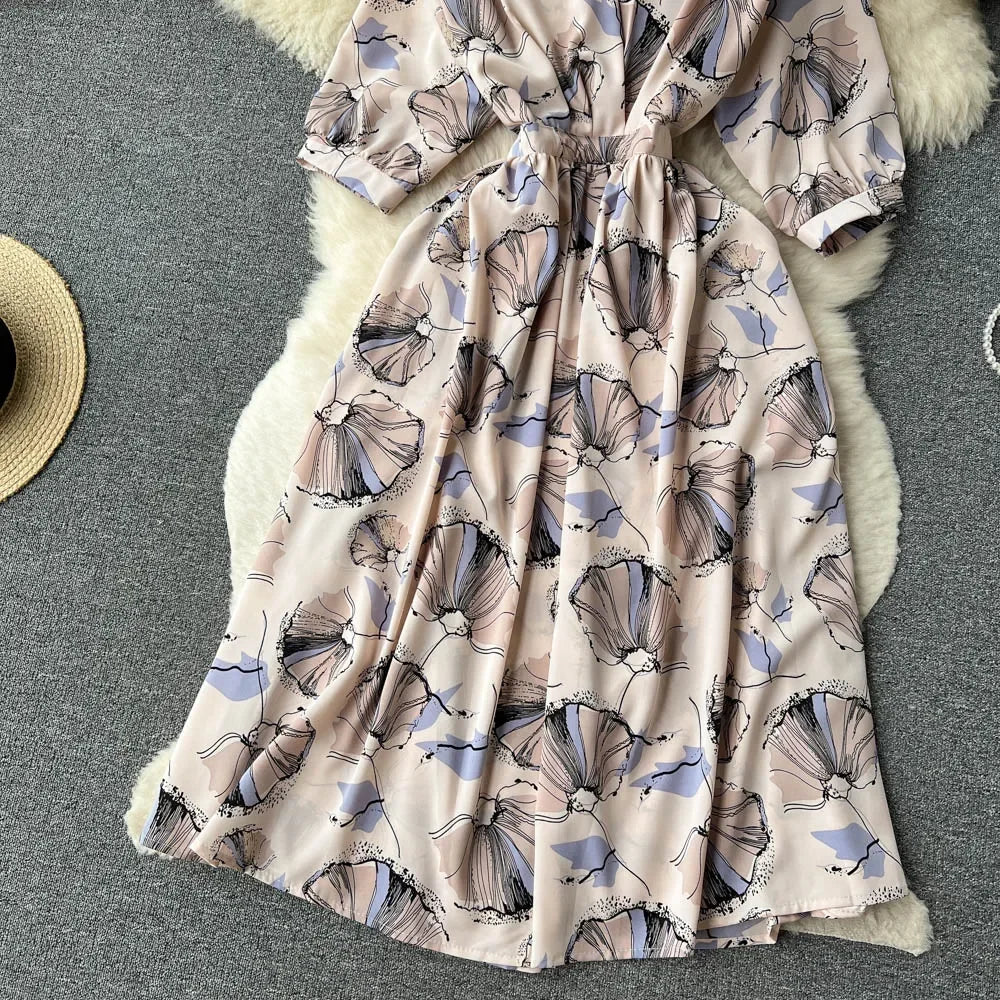 Summer Holiday Floral Beach Wrap Dress Women V Neck Short Sleeves Chic A Line Dress Bohemian Vintage Print Long Dress