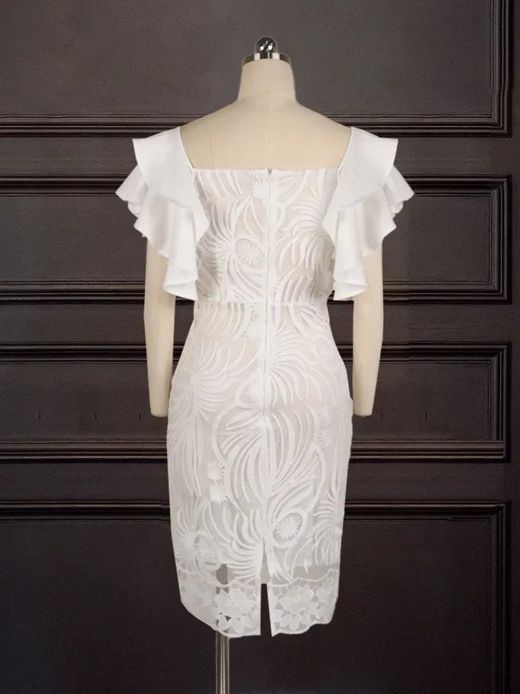 Elegant Women White Lace Dresses Ruffle Sleeves Slim Fit Knee Length Dress Chic Ladies Party Birthday Celebrity Outfits XXXL