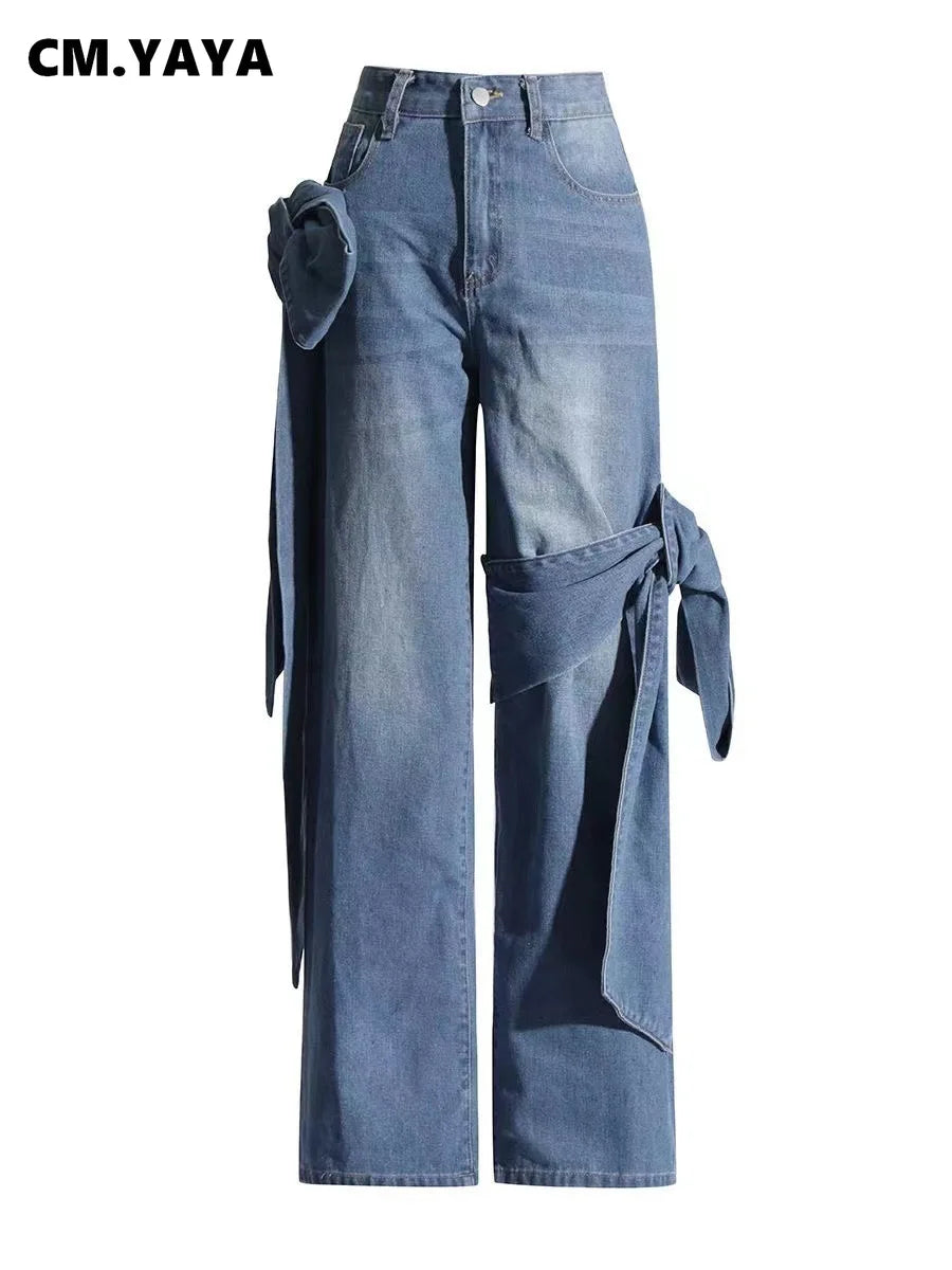 CM.YAYA Women Street Fashion High Waist Zipper Fly Wide Leg Straight String Jeans Trousers 2024 Summer Chic Denim Pants