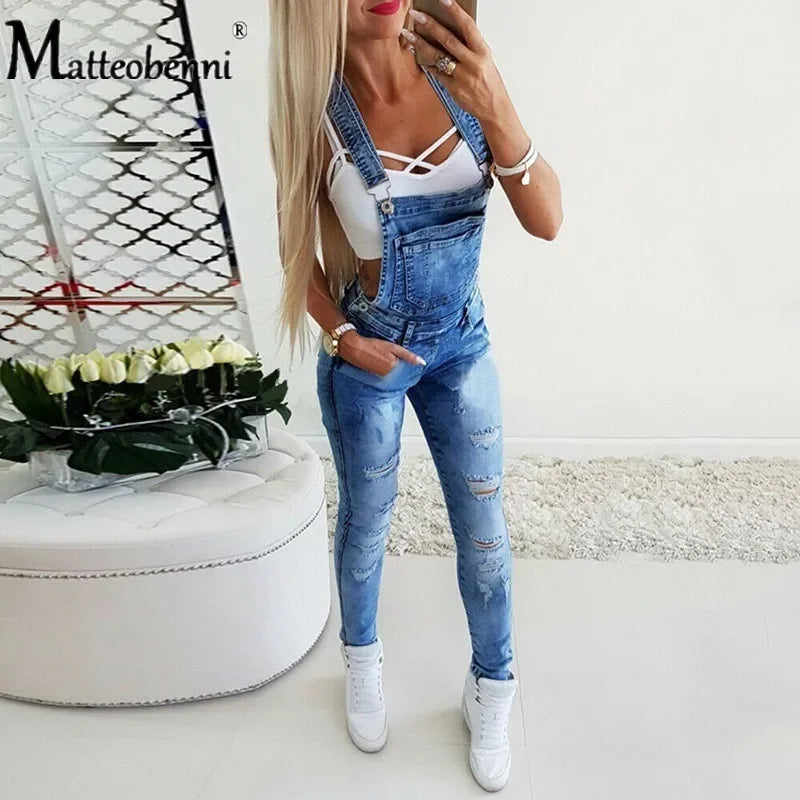 2020 Women's Fashion Pocket Decor Ripped Denim Bib Casual Overalls One Piece Skinny Leg Distressed Jeans Jumpsuits Autumn Wear
