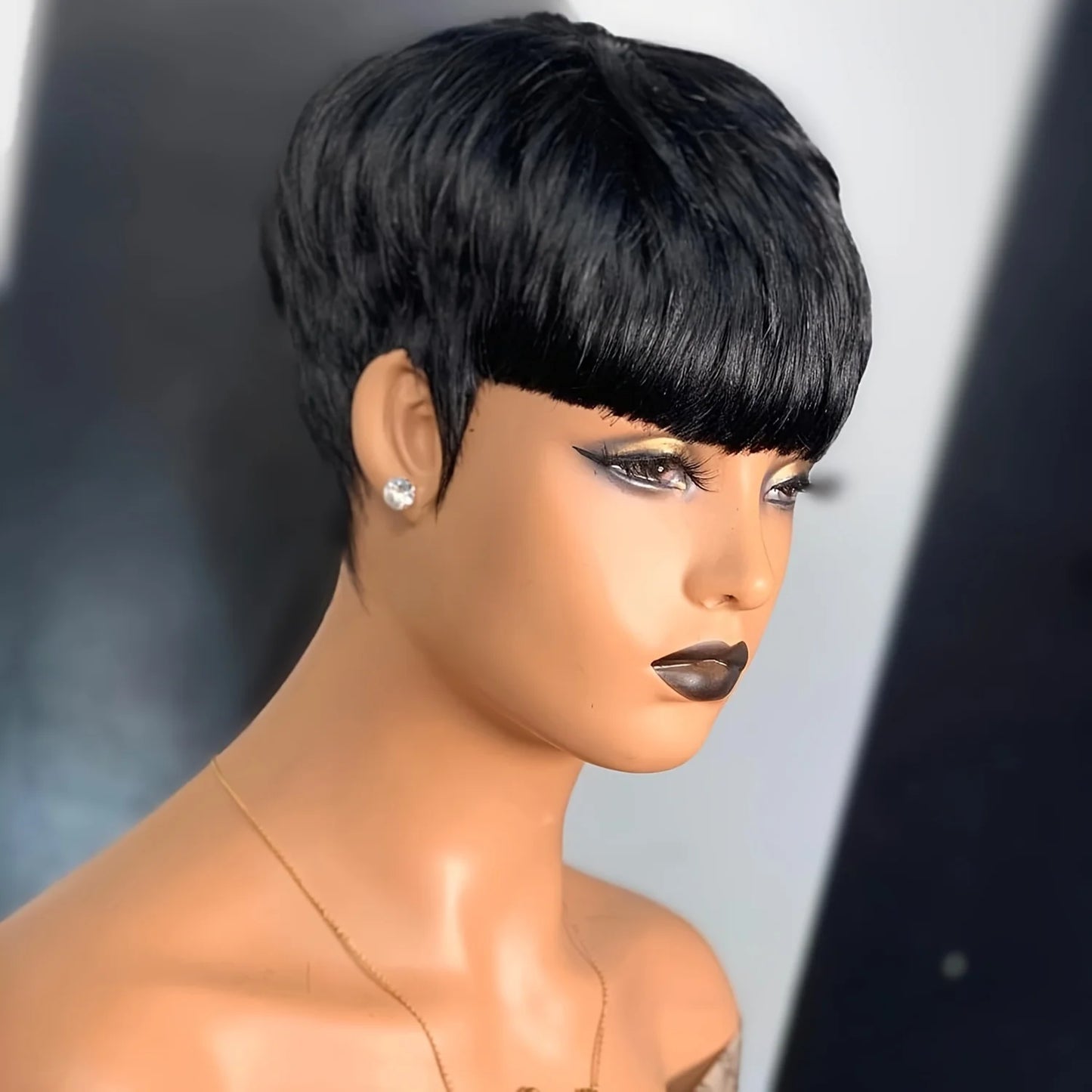 Short human  Hair Wigs Pixie Cuts Straight  Black Ladies  full machine made human hair  wigs for  women