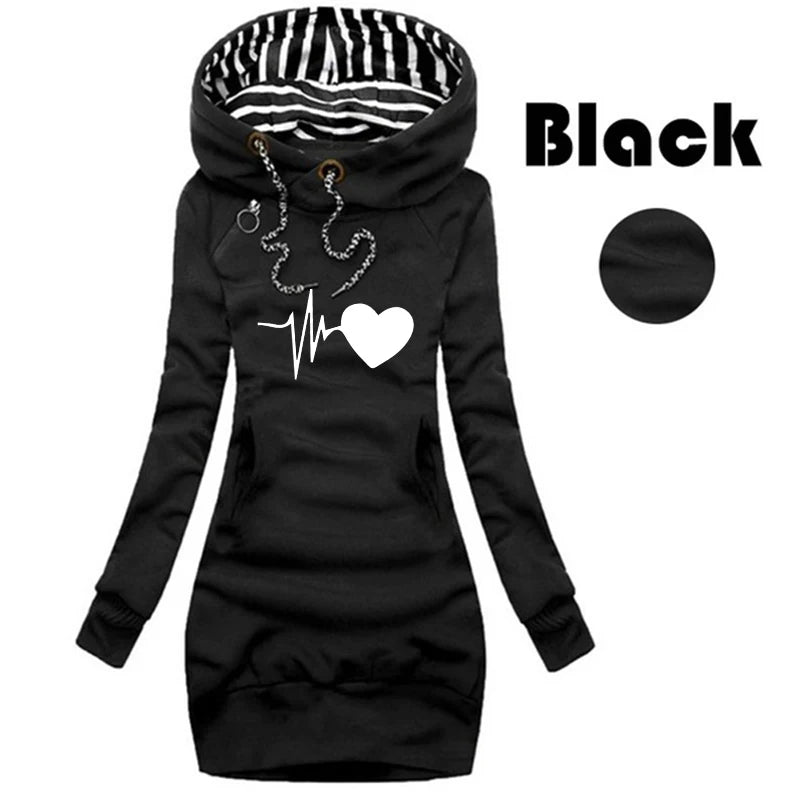 New electrocardiogram Printed Women Autumn Winter Solid Color Long Sleeve Casual Hoodies Dress Sweater Dress S-3XL