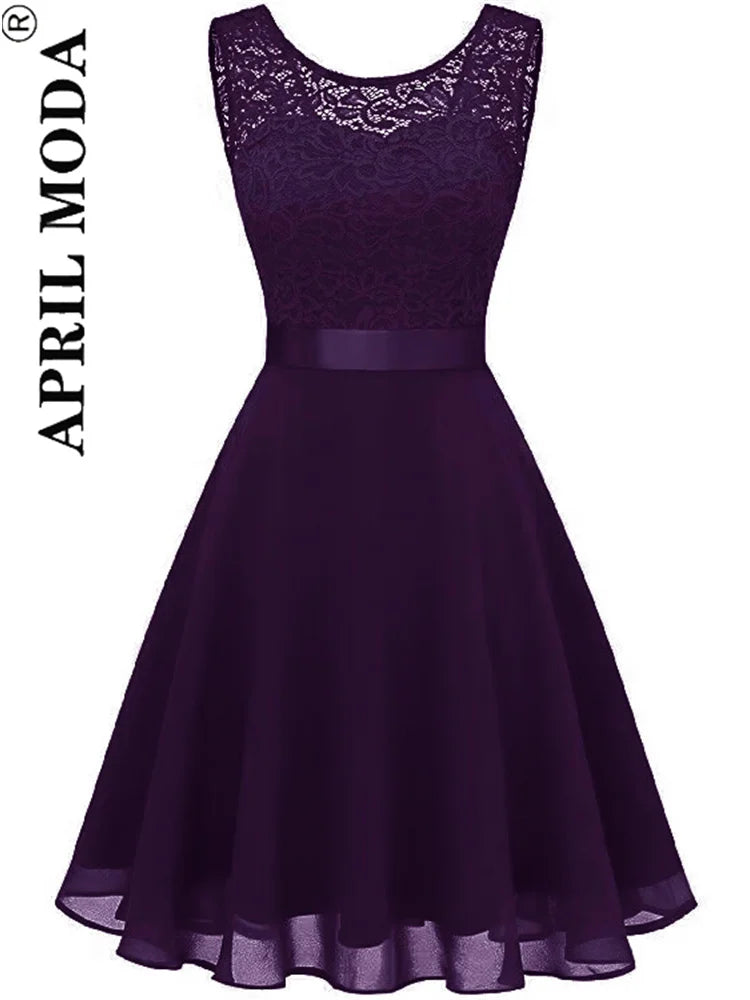 2025 Pink White Lace Chiffon Swing Dresses for Women Elegant Peplum High Waist Purple Sleeveless Party Robe Female A Line Dress