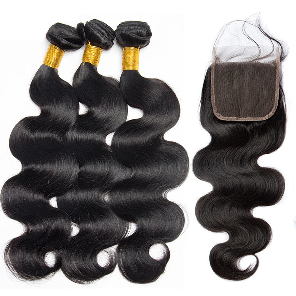 Peruvian Body Wave Bundles With Frontal 4x4 Closure Transparent Natural Virgin Human Hair Extensions Wholesale Bundles Weave