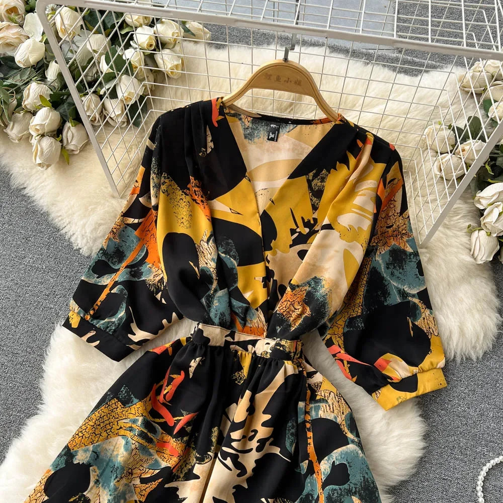 Summer Holiday Floral Beach Wrap Dress Women V Neck Short Sleeves Chic A Line Dress Bohemian Vintage Print Long Dress