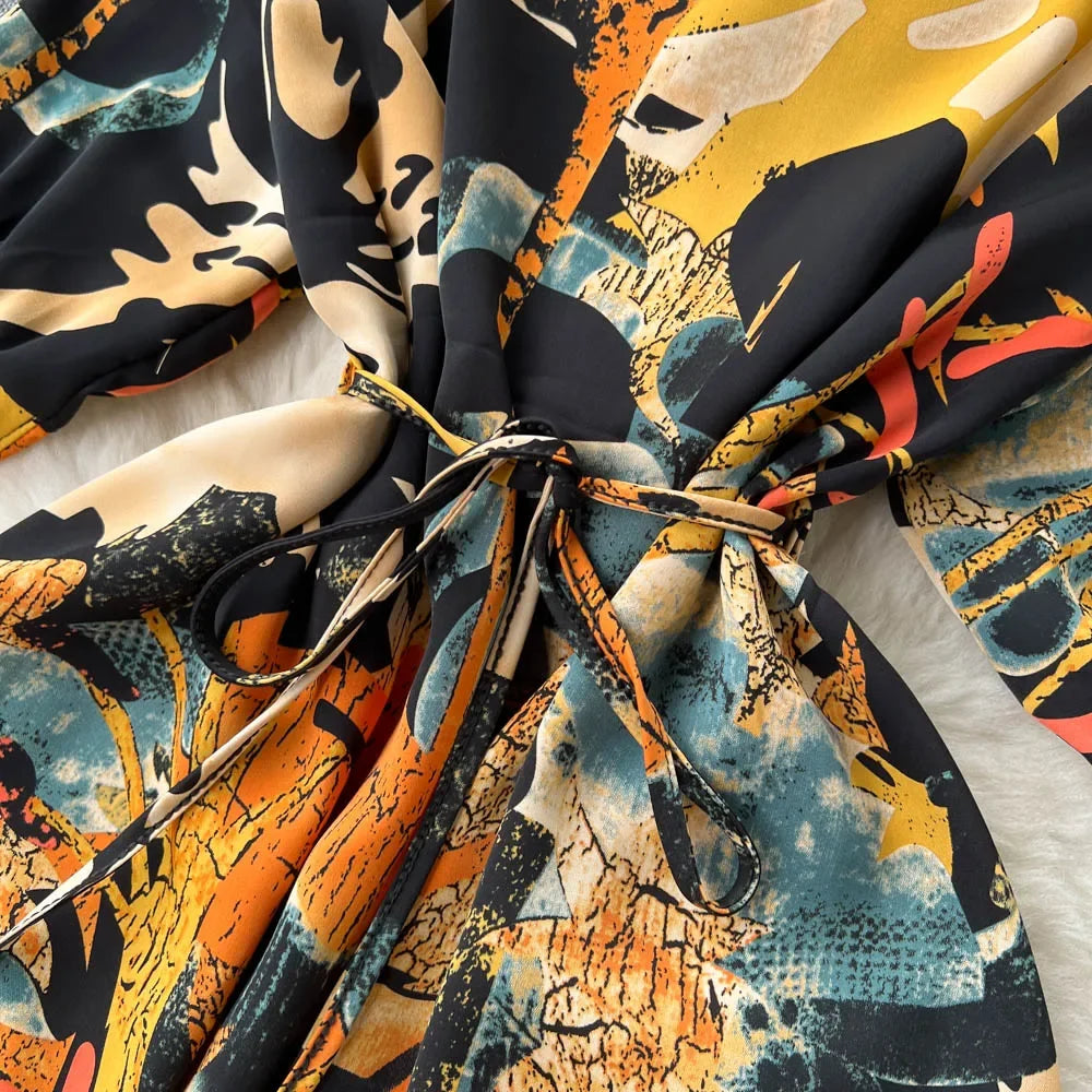 Summer Holiday Floral Beach Wrap Dress Women V Neck Short Sleeves Chic A Line Dress Bohemian Vintage Print Long Dress