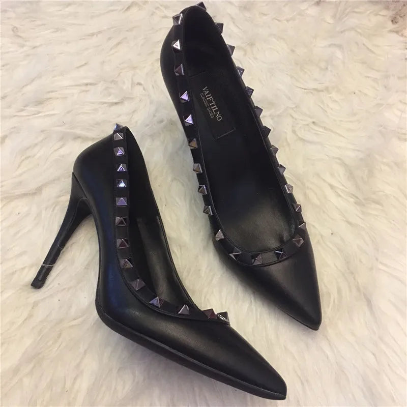 2025 New Luxury Brand High Heels Women's Shoes Metal Rivet Pointed Black Pumps Fashion Sexy Genuine Leather Women's Single Shoes