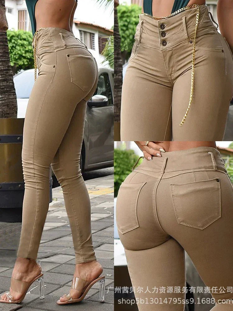 Women Pants Solid Color Pencil Pants Zipper Fly Slim Fit Flat Streetwear High Waist Pockets Sexy Sheath Autumn 2023 Button
