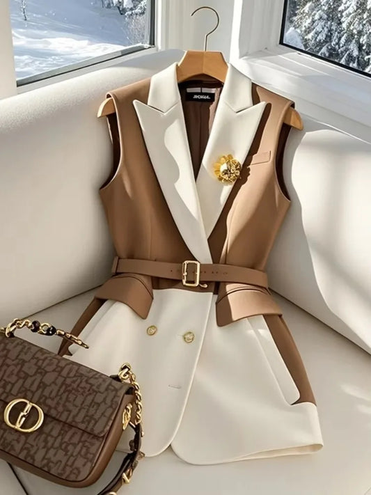 Spring Summer Jacket Vest Color Block Coffee Sleeveless Blazers Waistcoat Retro Female Outerwear All-match Fashion Office Lady