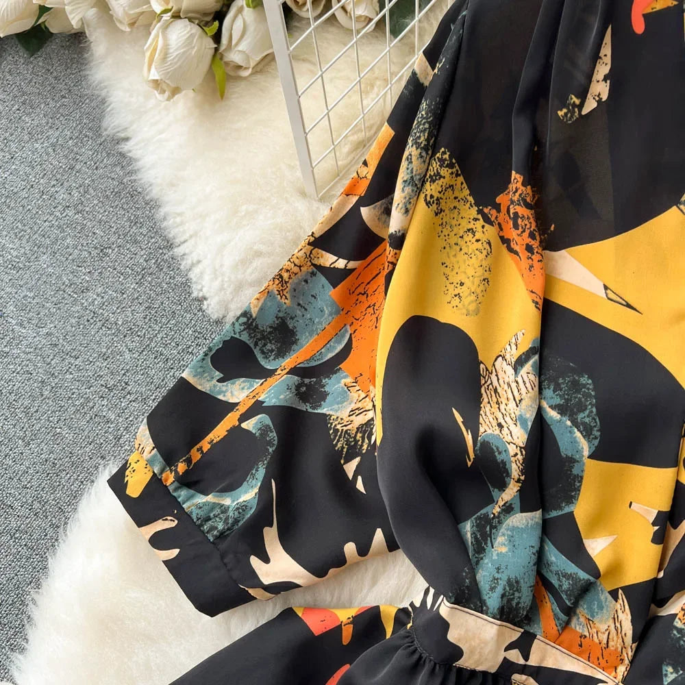 Summer Holiday Floral Beach Wrap Dress Women V Neck Short Sleeves Chic A Line Dress Bohemian Vintage Print Long Dress