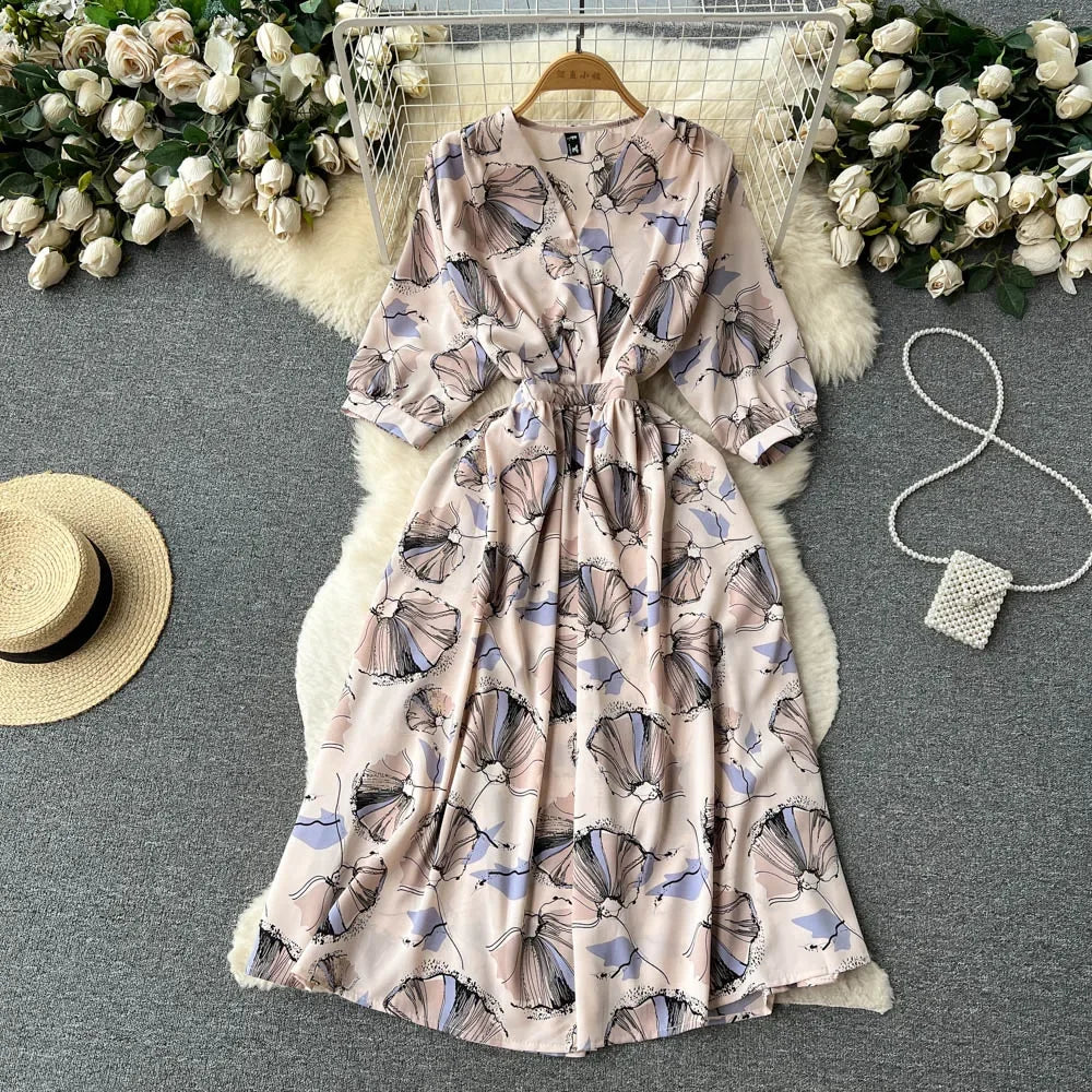 Summer Holiday Floral Beach Wrap Dress Women V Neck Short Sleeves Chic A Line Dress Bohemian Vintage Print Long Dress