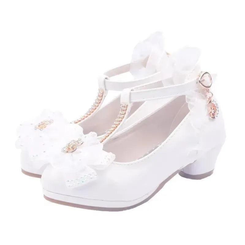 Children Party Leather Shoes Girls PU Low Heel Lace Flower Kids Wedding Shoes Girls Sandals Dance Dress Dance Shoe White Pink