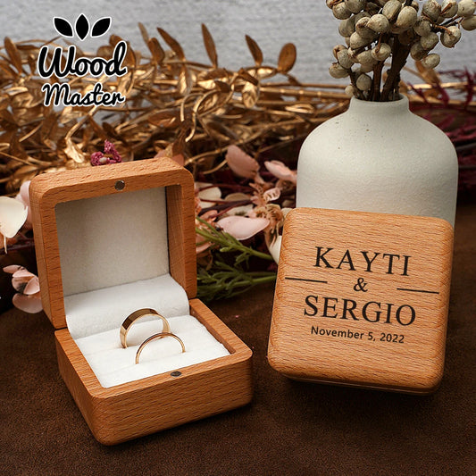 Personalized Natural Wood Ring Box Custom Engraved Name Date Double Ring Holder Wedding Engagement Anniversary Gift for Couple