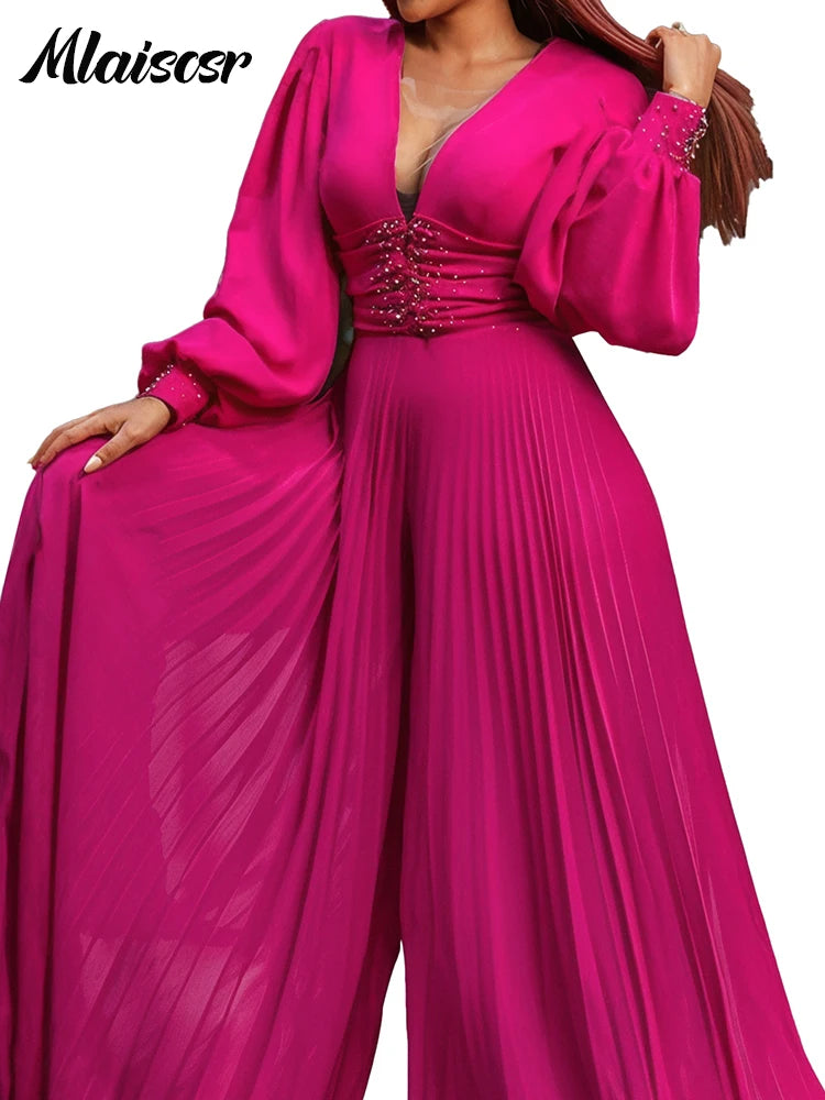 Mlaiscsr Elegant Evening Party Jumpsuit Long Sleeved Waist Pearl Bead Mesh Loose Wide Leg Pleated Long Dinner One Pieces Rompers