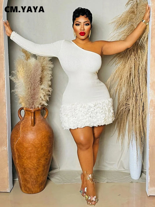 CM.YAYA Women Knit Ribbed Rose Floral Applique One Long Sleeve Bodycon Midi Dress 2024 Club Sexy Party Evening Dresses Vestidos