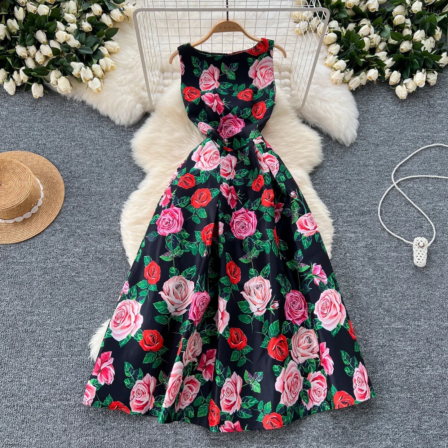 French Fashion Print O-neck Pleated Sleeveless A-line Ball Gown Dress Women Summer Vintage Elegant Puff Graduation Party Dresses