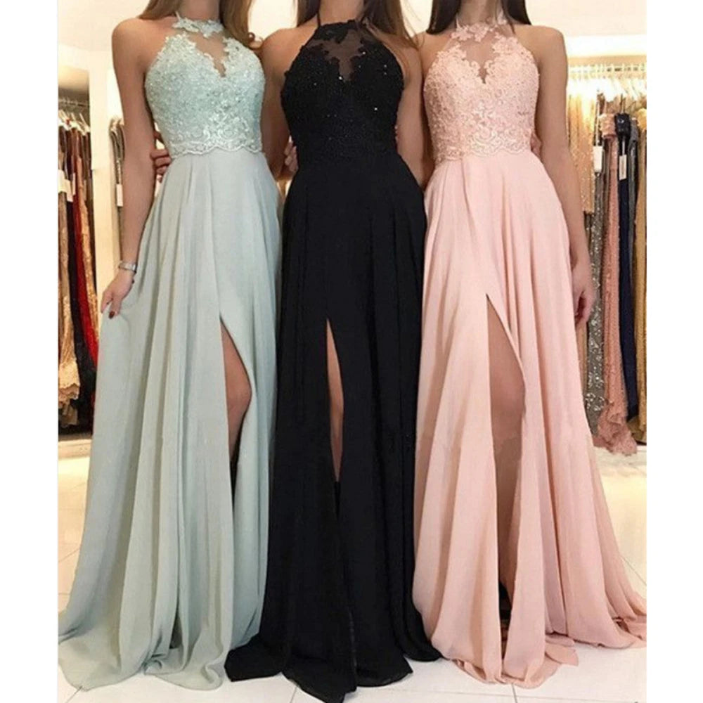 Dress Women Wedding Sexy Halter Lace Floral Sleeveless High Waist Evening Long Dresses Gown Vestidos Slim Fit Elegant 2024