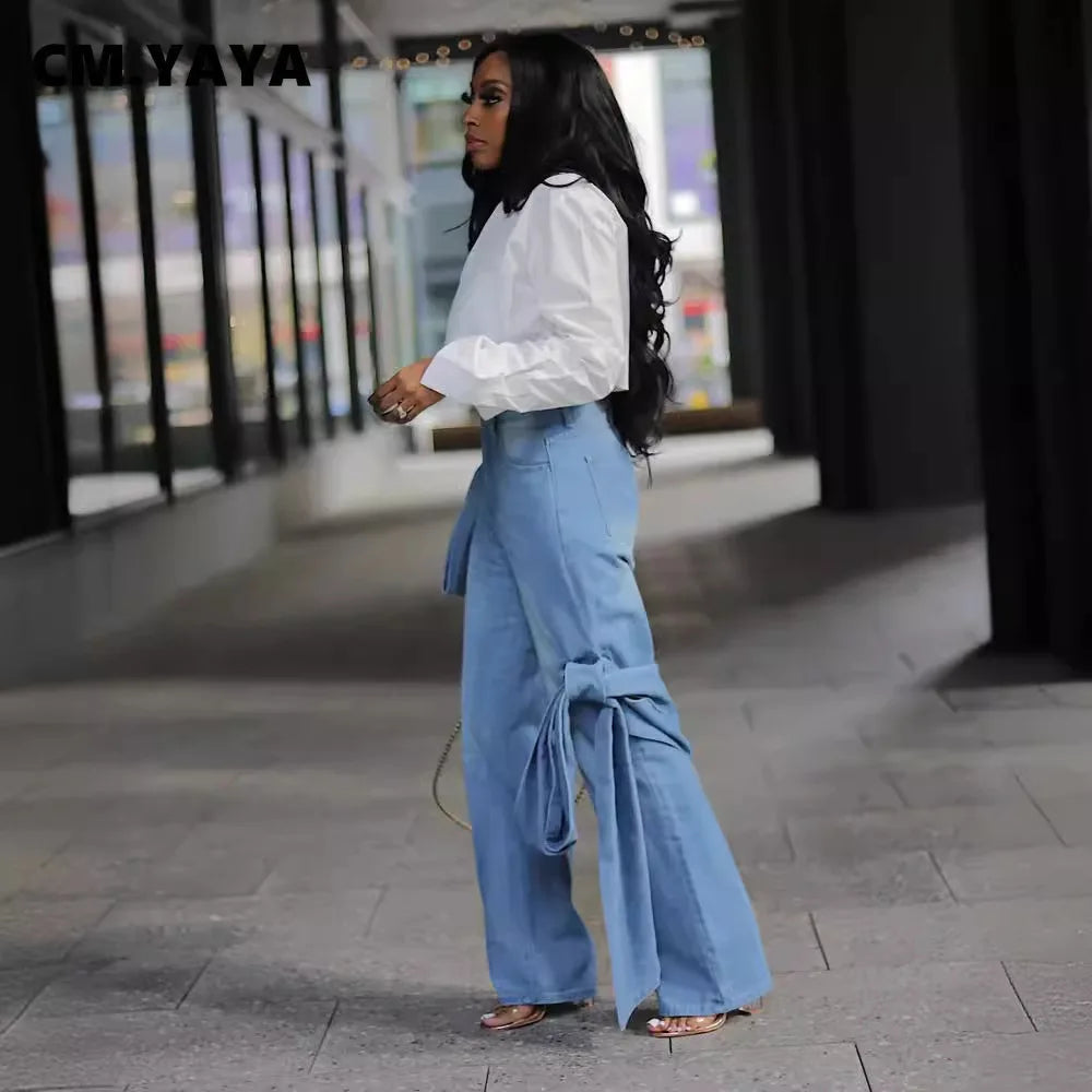 CM.YAYA Women Street Fashion High Waist Zipper Fly Wide Leg Straight String Jeans Trousers 2024 Summer Chic Denim Pants