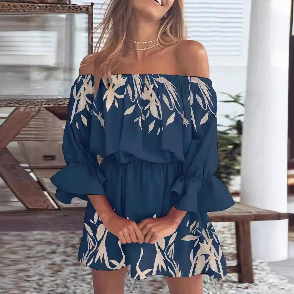 Sexy Slash Neck Long Flare Sleeve Floral Print Mini Dress Summer Women Boho Party Vestidos NMD-6650