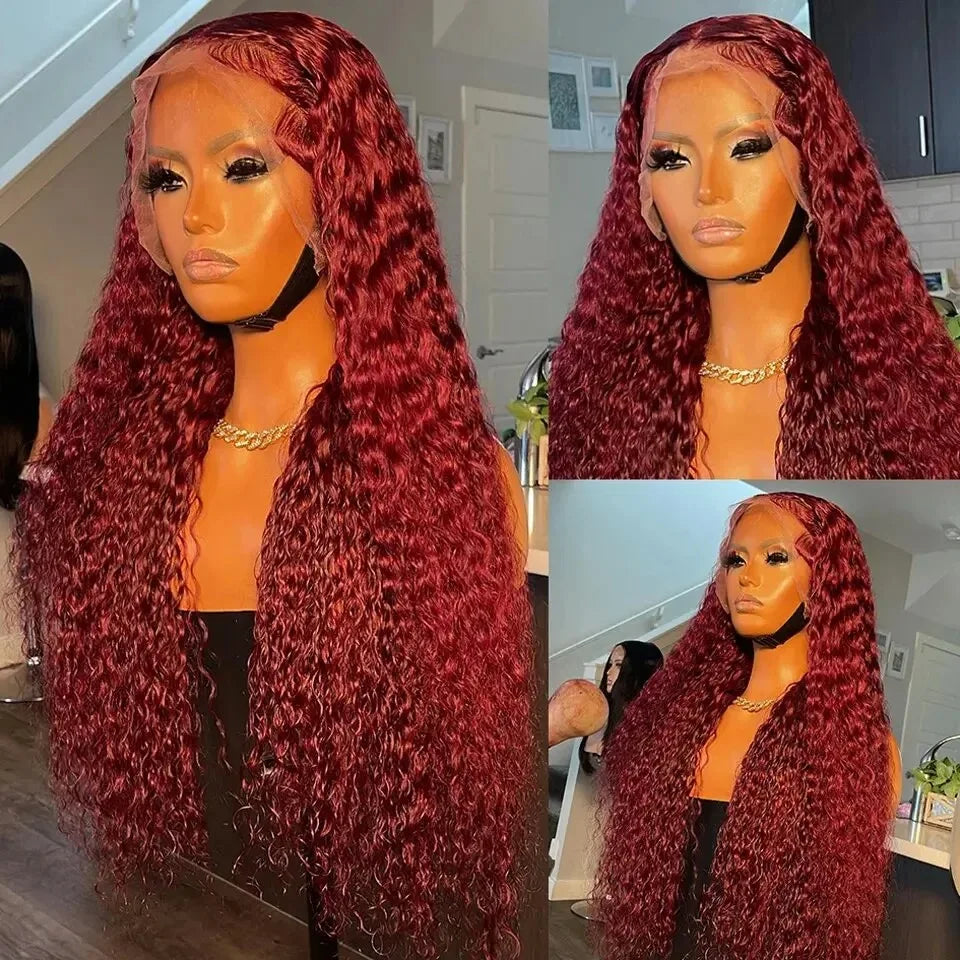 Deep Wave 13X4 Lace Frontal Wig 99J Red Burgundy Color Synthetic Wigs For Black Women Preplucked Bleached Knots Glueless Wig