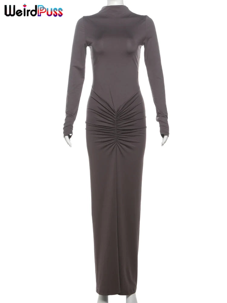 Weird Puss Hipster Ruched Dress Women o-NeckFull Sleeve  Skinny Stretch Robe Autumn Trend Simple Classic Pleats Long Bodycon