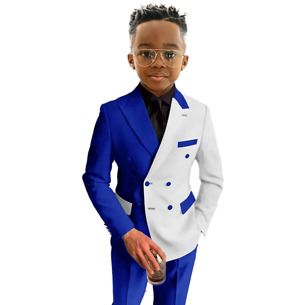 White and Royal Blue Boys Suit 2 Pieces Set Fashion Party Wedding Tuxedo 3-16 Yeard Old Kids Blazer Double Breasted Clothes