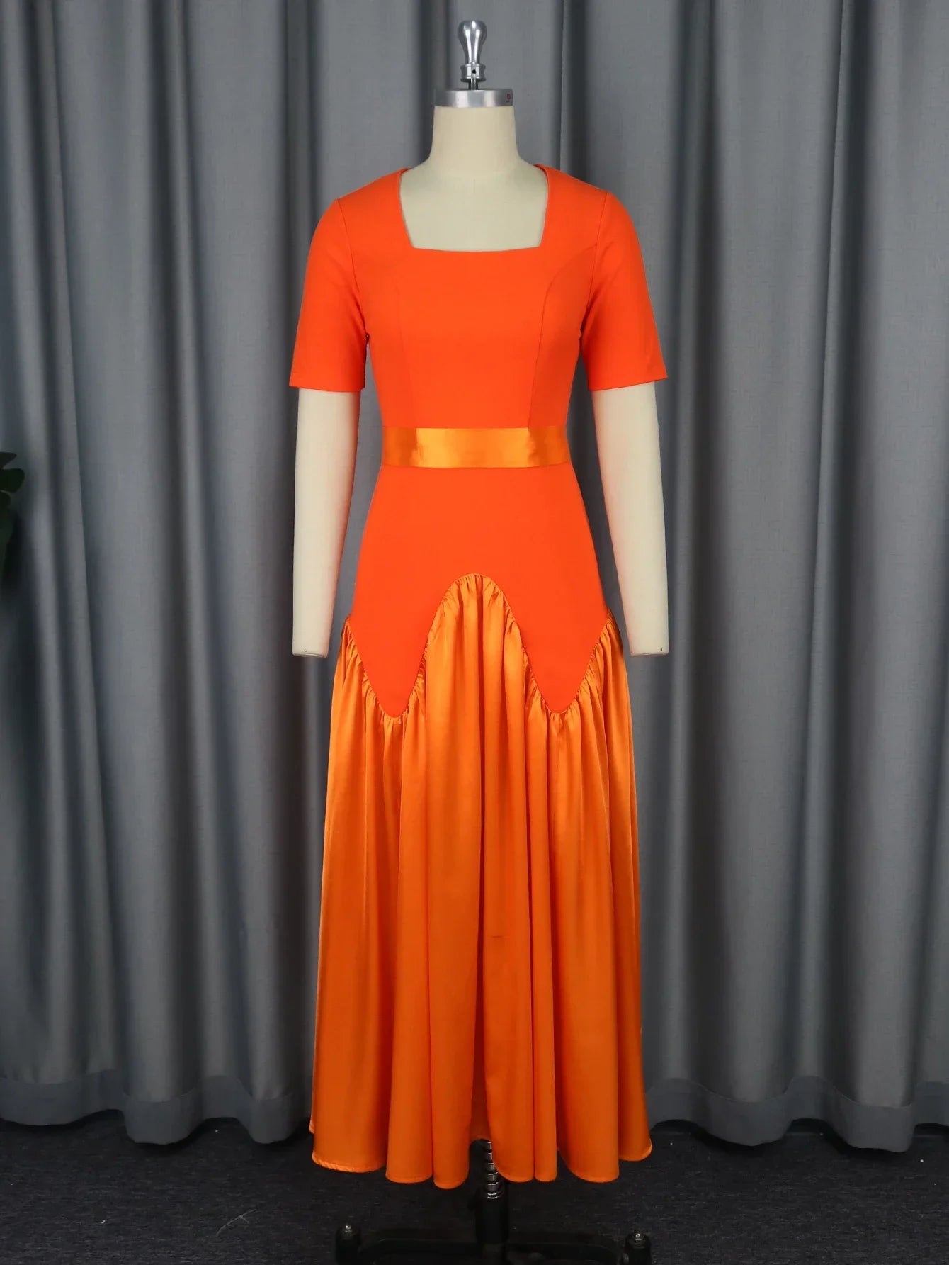 Short Sleeved Sweet Slim Fit Long Women's Dress Orange High Waist Pleated Beach Streetwear Maxi Big Swing Dresses with Belt