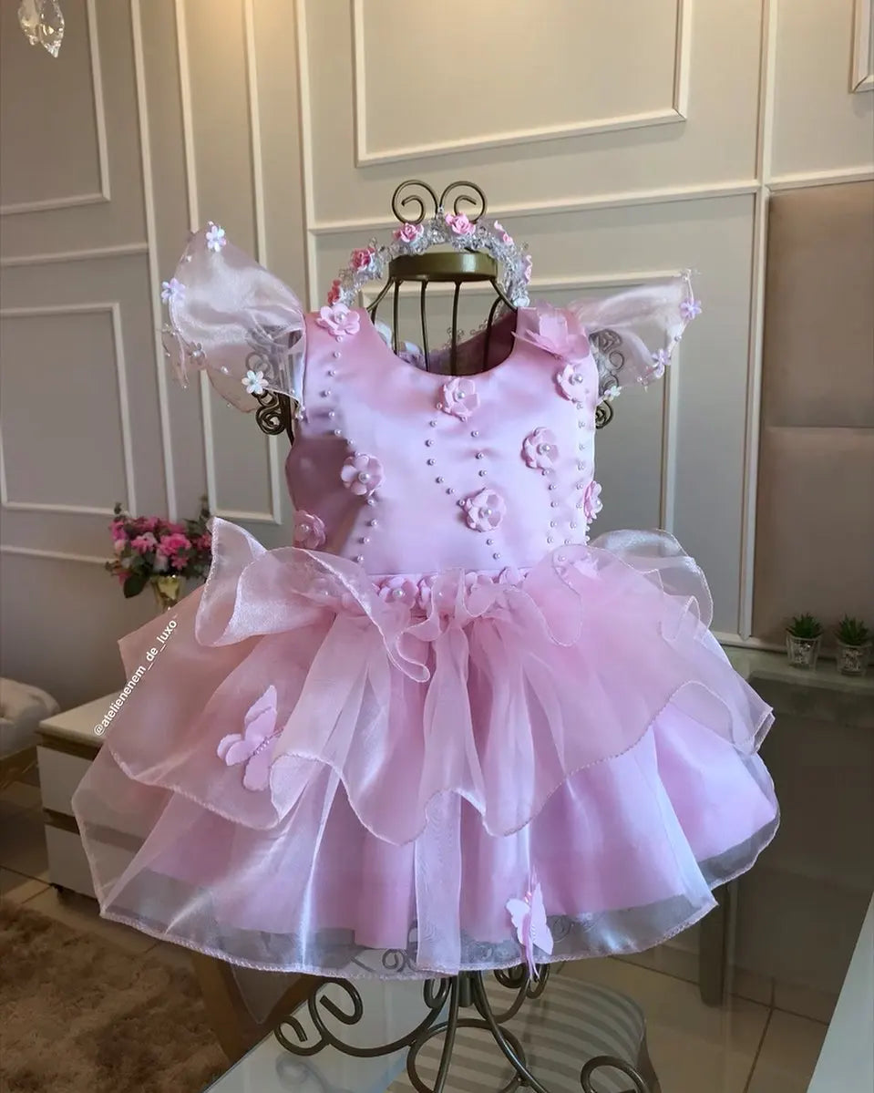 Gold Flower Girl Dress For Wedding Puffy 3D Applique Tulle With Pearl Princess Kids Birthday First Communion Ball Gown