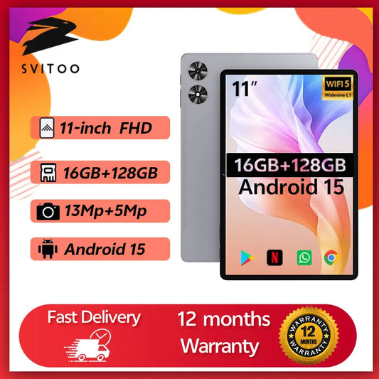 SVITOO 11-inch Tablet Android 2025 16GB RAM 128GB ROM Octa-Core T606 8000mAh Battery Type-C Widevine L1 Android Tablets