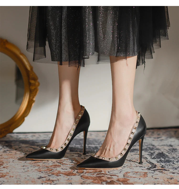 2025 New Luxury Brand High Heels Women's Shoes Metal Rivet Pointed Black Pumps Fashion Sexy Genuine Leather Women's Single Shoes