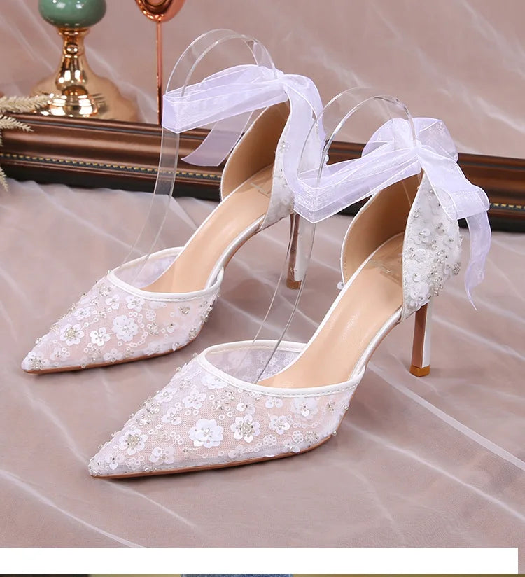 French Beaded Hollow Sandals Women's White Lace Strap Pointed High Heel Main Wedding Shoes