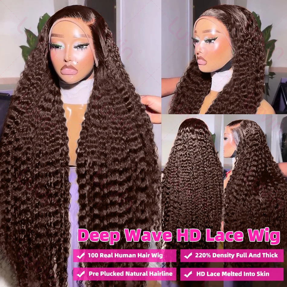 13x6 HD Chocolate Brown Curly Lace Front Wigs Brazilian Colored Deep Wave 13x4 Lace Frontal Human Hair Wig For Women