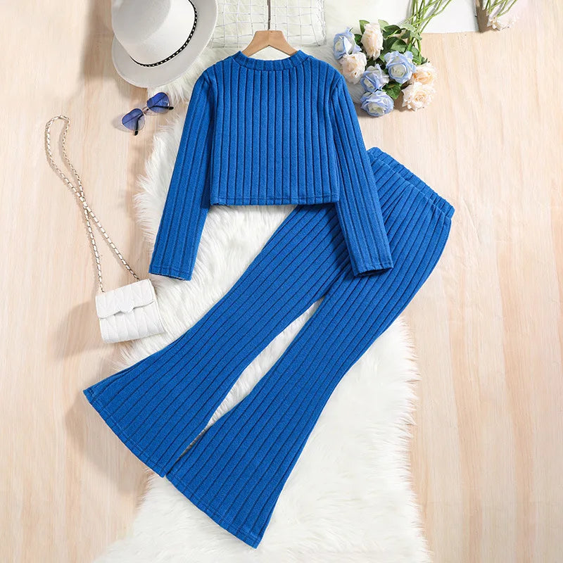 2 Pcs Kids Clothing Sets Outfits for Girls 2024 New Autumn Winter Children Fashion Knit Blue Long Sleeve Tops Flares Pant 7-14Y